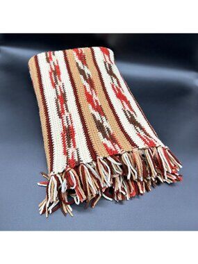 Handmade Crochet Afghan Throw Blanket Southwestern Stripes Fringe Retro Brown